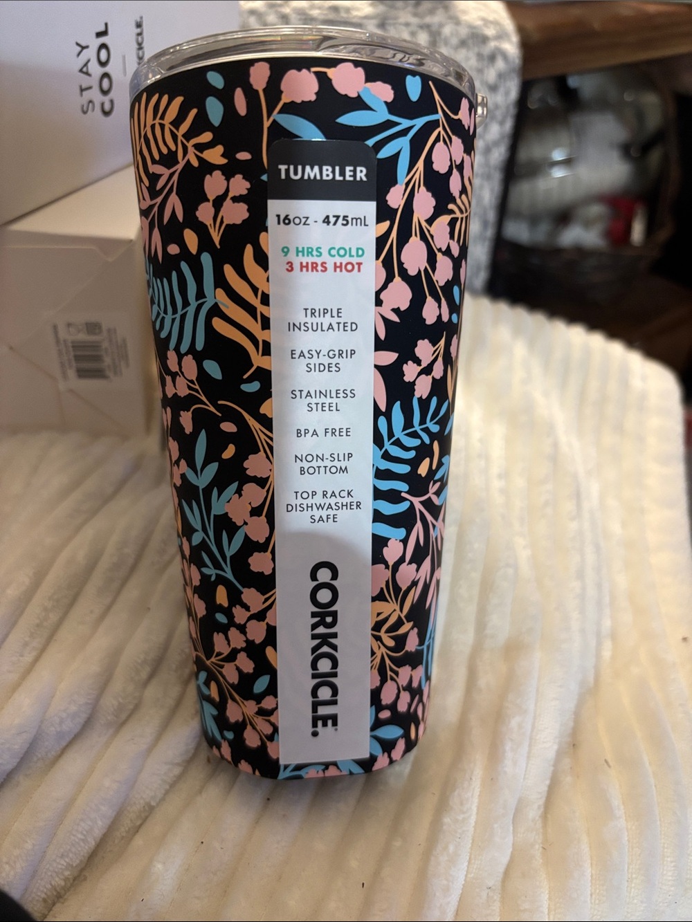 Corkcicle Black Tumbler with Pink & Blue Floral Design